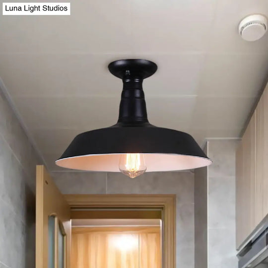 Industrial Barn Semi-Flush Mount Ceiling Light In Black - 10’/14’ Diameter 1 Bulb Metallic Shade