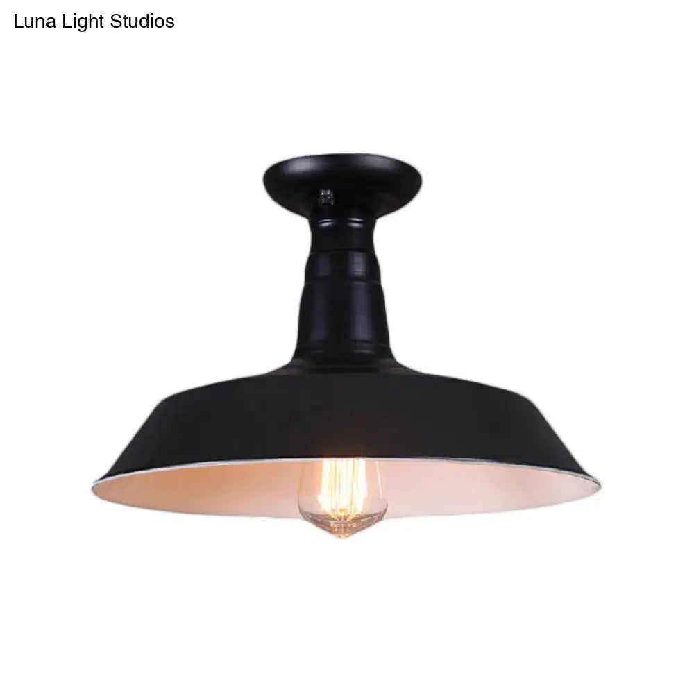 Industrial Barn Semi-Flush Mount Ceiling Light In Black - 10’/14’ Diameter 1 Bulb Metallic Shade