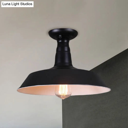 Industrial Barn Semi-Flush Mount Ceiling Light In Black - 10/14 Diameter 1 Bulb Metallic Shade / 10