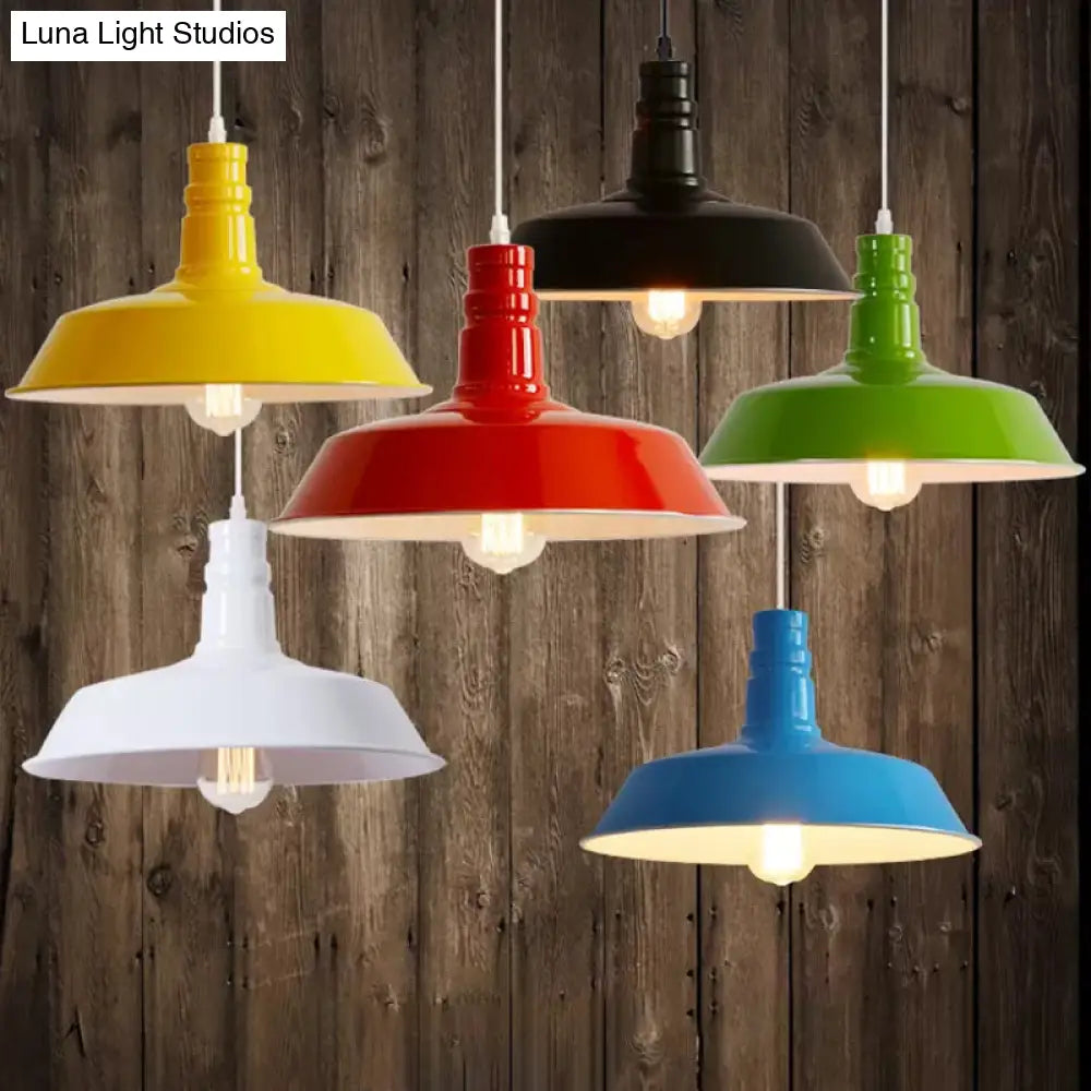 Industrial Barn Shade Pendant Lamp With Rolled-Trim Head - Red/Yellow/White Finish