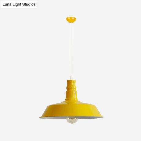 Industrial Barn Shade Pendant Lamp With Rolled-Trim Head - Red/Yellow/White Finish