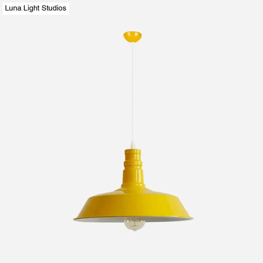 Industrial Barn Shade Pendant Lamp With Rolled-Trim Head - Red/Yellow/White Finish
