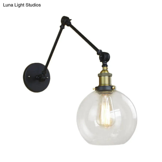 Industrial Bedroom Wall Sconce Lighting Fixture With Clear Glass Globe Shade - Black/Antique