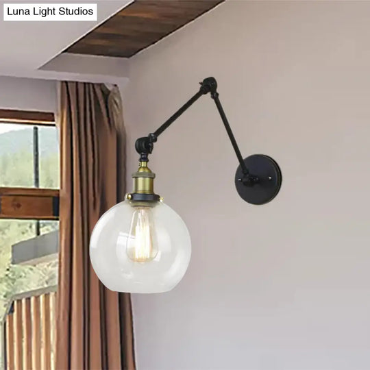 Industrial Bedroom Wall Sconce Lighting Fixture With Clear Glass Globe Shade - Black/Antique