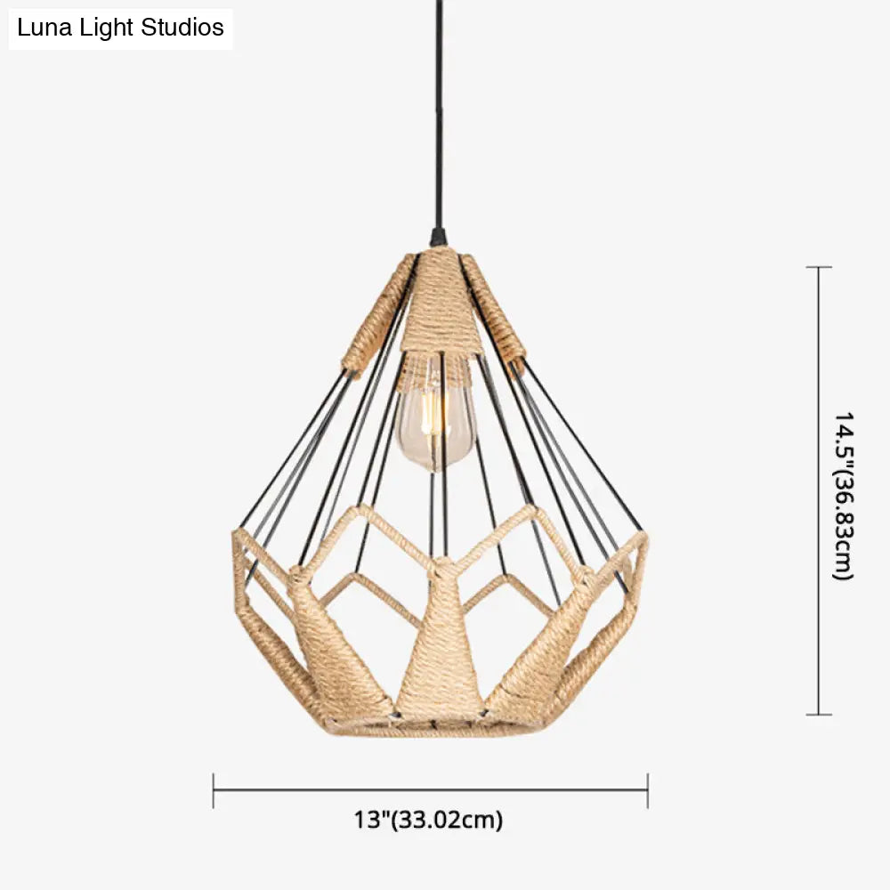 Industrial Beige Rope Pyramid Cage Pendant Light For Coffee Shop