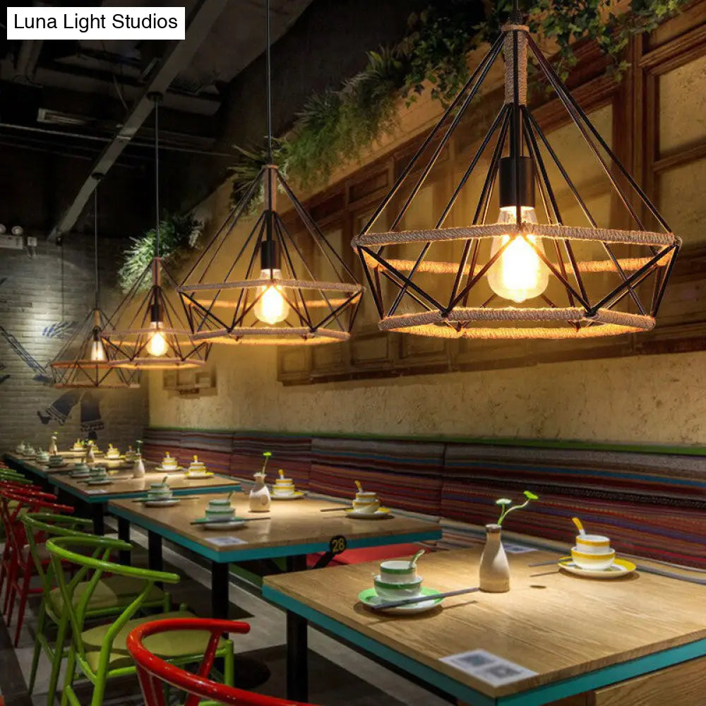 Industrial Bistro Hanging Lamp: Single-Bulb Drop Pendant With Diamond Roped Cage In Black - 10/15/18