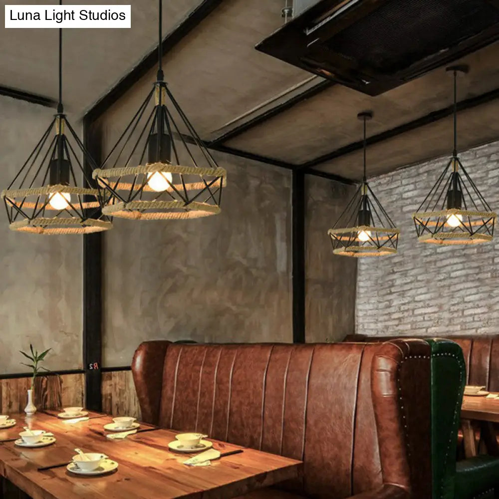 Industrial Bistro Hanging Lamp - Single Bulb Drop Pendant With Diamond Roped Cage In Black