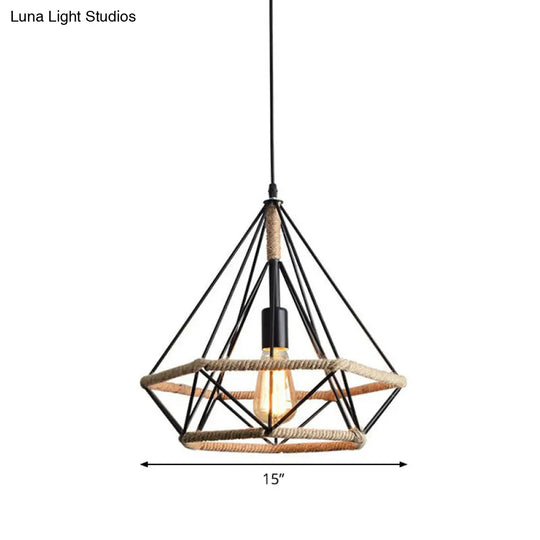 Industrial Bistro Hanging Lamp: Single-Bulb Drop Pendant With Diamond Roped Cage In Black - 10/15/18