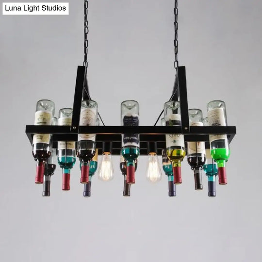 Industrial Black 2-Light Chandelier With Clear Glass Shades - Multi-Color Wine Bottle Bistro Pendant