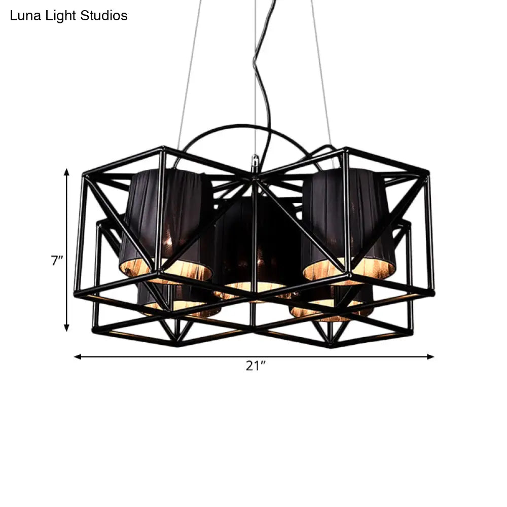 Industrial Black 5-Bulb Fabric Suspension Kitchen Chandelier Light
