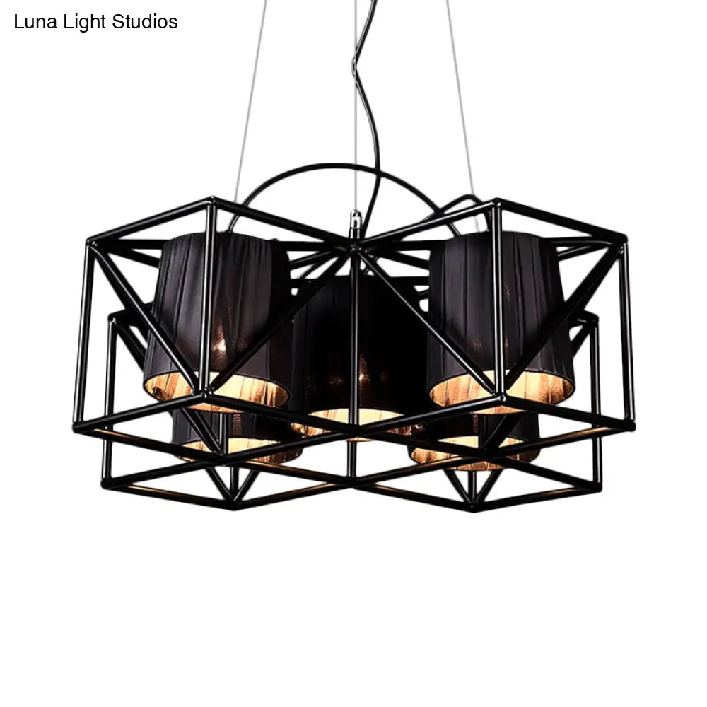 Industrial Black 5-Bulb Fabric Suspension Kitchen Chandelier Light