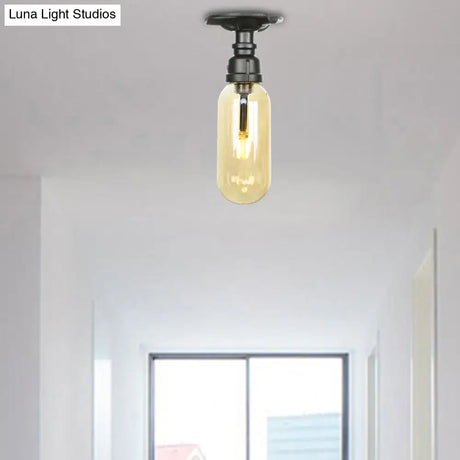 Industrial Black Amber Glass Semi Flush Light With Capsuled Shade & Pipe Design - Ceiling Mount