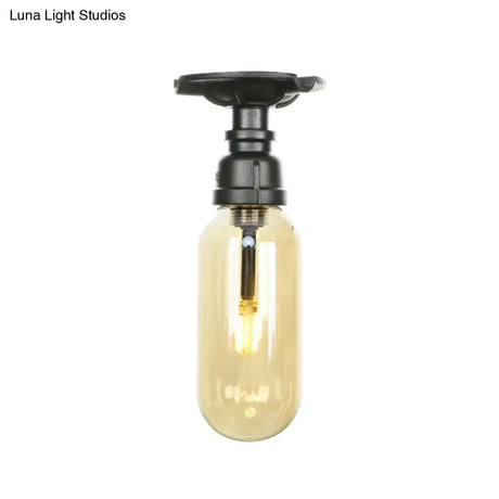 Industrial Black Amber Glass Semi Flush Light With Capsuled Shade & Pipe Design - Ceiling Mount