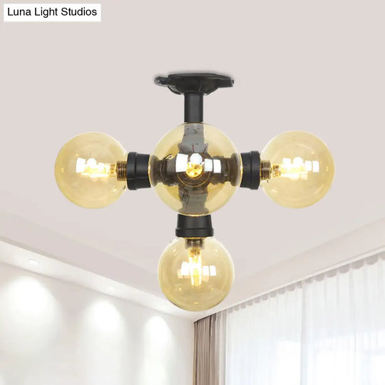 Industrial Black Ball Semi - Flush Ceiling Light - Amber Glass Led Flushmount (4/5/6 - Light)