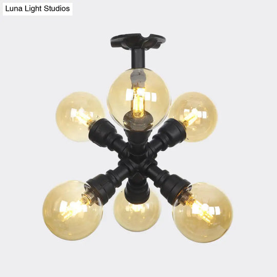 Industrial Black Ball Semi - Flush Ceiling Light - Amber Glass Led Flushmount (4/5/6 - Light)