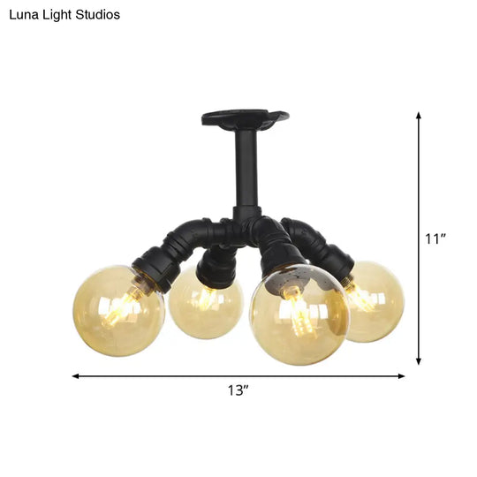 Industrial Black Ball Semi-Flush Ceiling Light - Amber Glass Led Flushmount (4/5/6-Light)