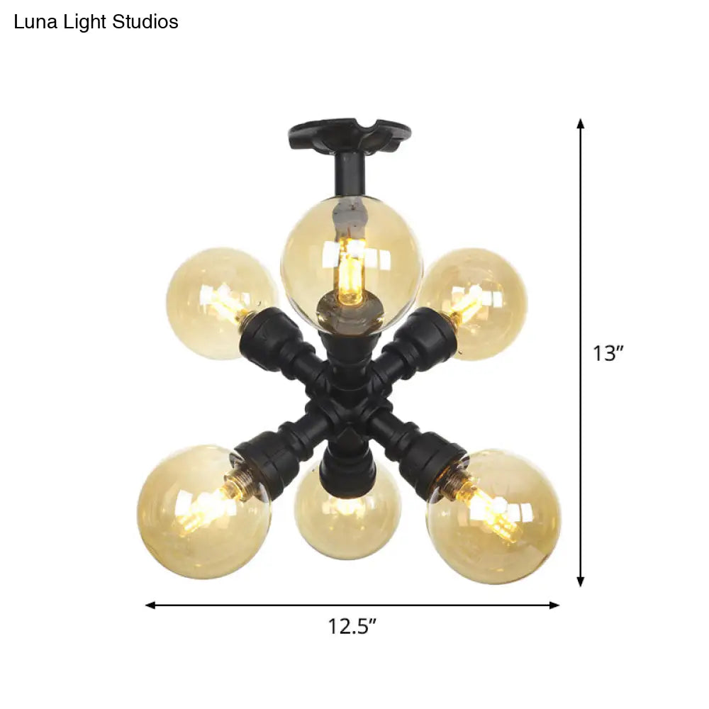Industrial Black Ball Semi-Flush Ceiling Light - Amber Glass Led Flushmount (4/5/6-Light)