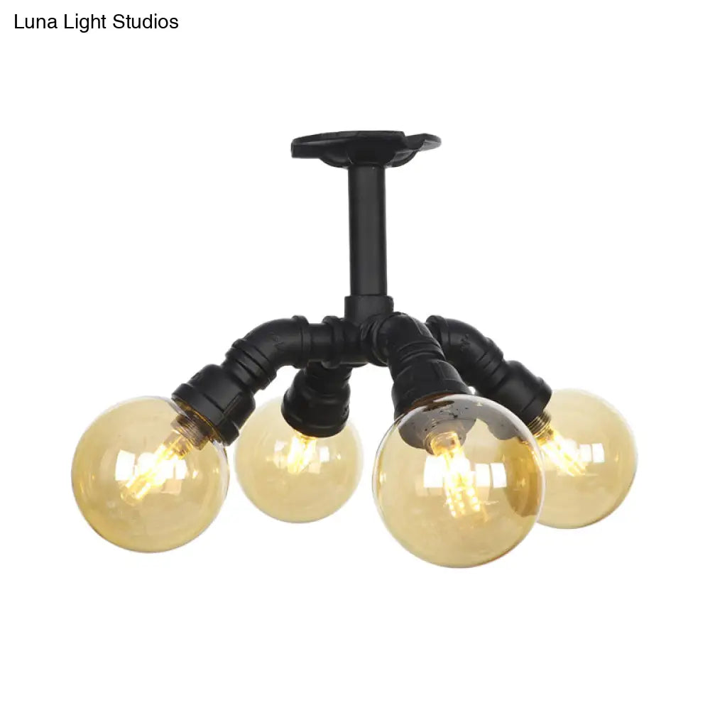 Industrial Black Ball Semi - Flush Ceiling Light - Amber Glass Led Flushmount (4/5/6 - Light)