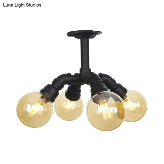 Industrial Black Ball Semi - Flush Ceiling Light - Amber Glass Led Flushmount (4/5/6 - Light)