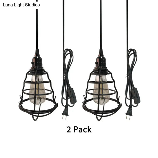 Industrial Black Cage Pendant Light - Bulb Shape One-Light With Plug-In Cord