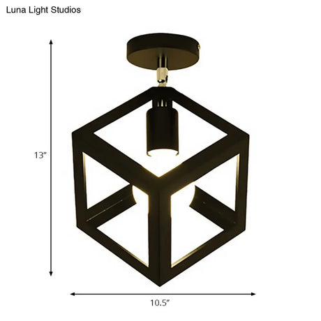 Industrial Black Cage Pendant Light For Corridor Ceiling - Semi Flush Globe/Oval Shape With Iron