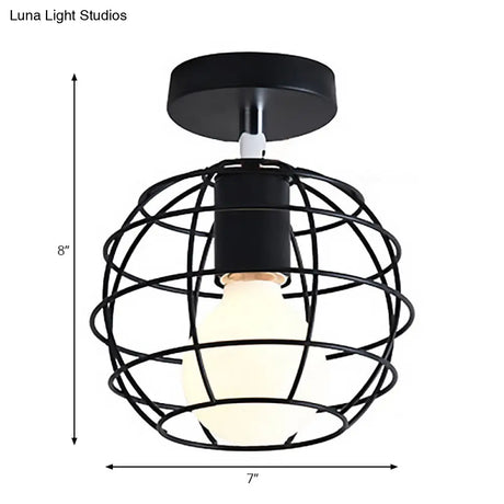 Industrial Black Cage Pendant Light For Corridor Ceiling - Semi Flush Globe/Oval Shape With Iron