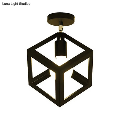 Industrial Black Cage Pendant Light For Corridor Ceiling - Semi Flush Globe/Oval Shape With Iron