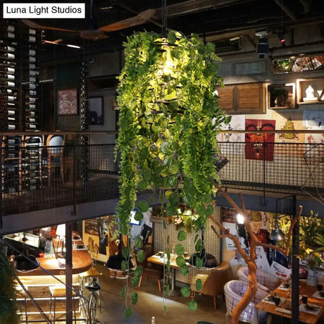 Industrial Black Cage Pendant Light With Led And Plant