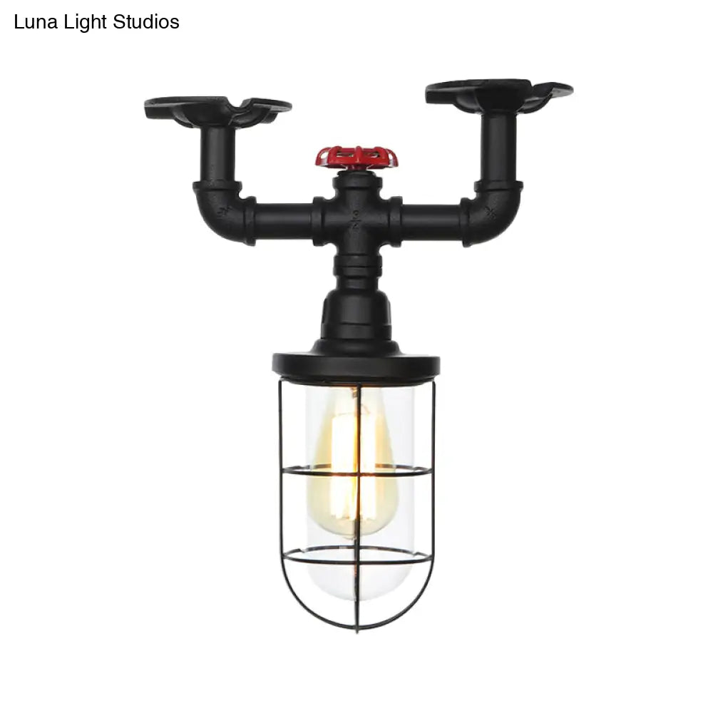 Industrial Black Cage Semi Flush Mount Ceiling Fixture With Clear Glass Valve Decor For Balcony