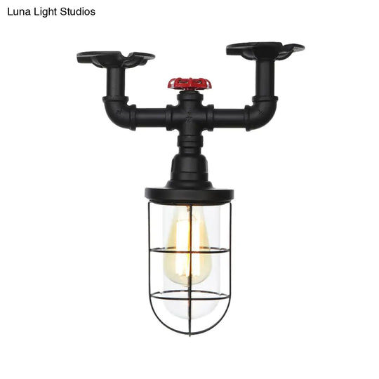 Industrial Black Cage Semi Flush Mount Ceiling Fixture With Clear Glass Valve Decor For Balcony
