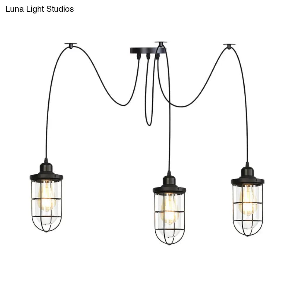 Industrial Black Caged Multi Ceiling Light - Clear Glass 2/3/6-Bulb Ideal For Restaurants Swag