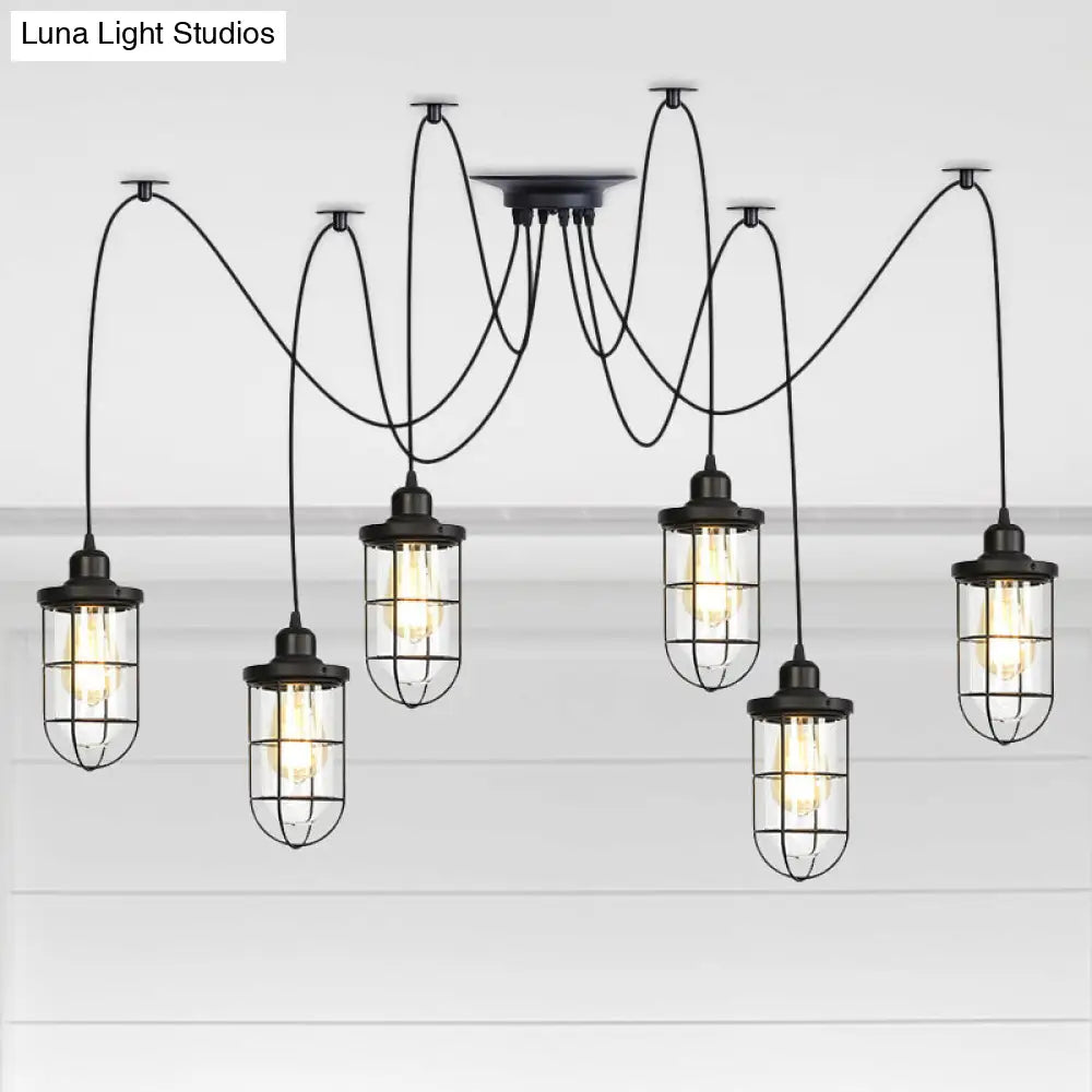 Industrial Black Caged Multi Ceiling Light - Clear Glass 2/3/6-Bulb Ideal For Restaurants Swag