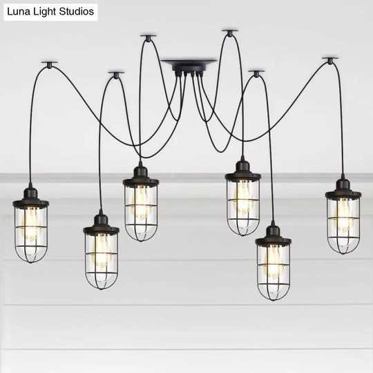 Industrial Black Caged Multi Ceiling Light - Clear Glass 2/3/6-Bulb Ideal For Restaurants Swag