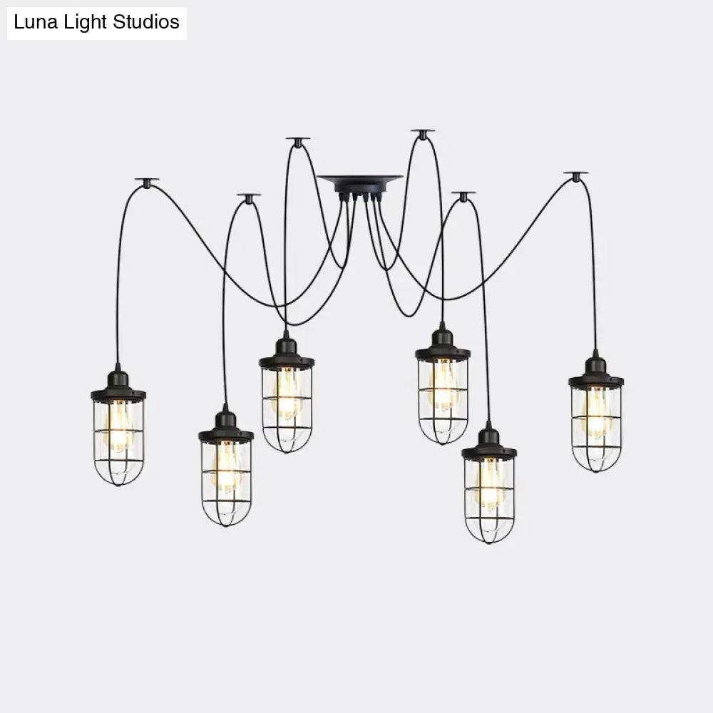 Industrial Black Caged Multi Ceiling Light - Clear Glass 2/3/6-Bulb Ideal For Restaurants Swag