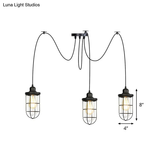 Industrial Black Caged Multi Ceiling Light - Clear Glass 2/3/6-Bulb Ideal For Restaurants Swag