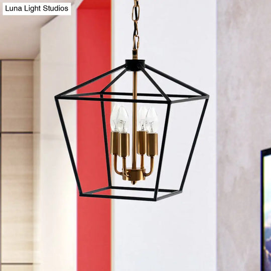 Industrial 4-Light Pendant Chandelier With Wire Cage Shade Black