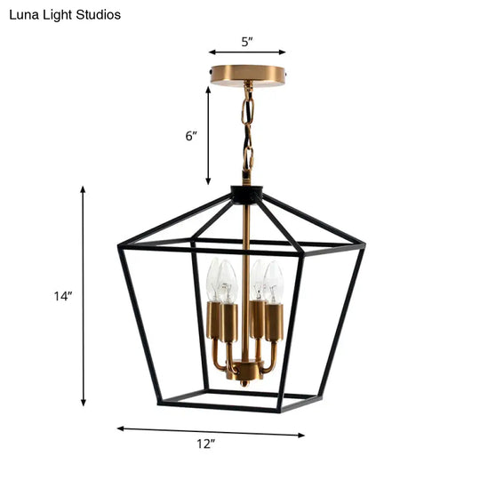 Industrial Black Chandelier With 4 Cage Metal Pendant Lights