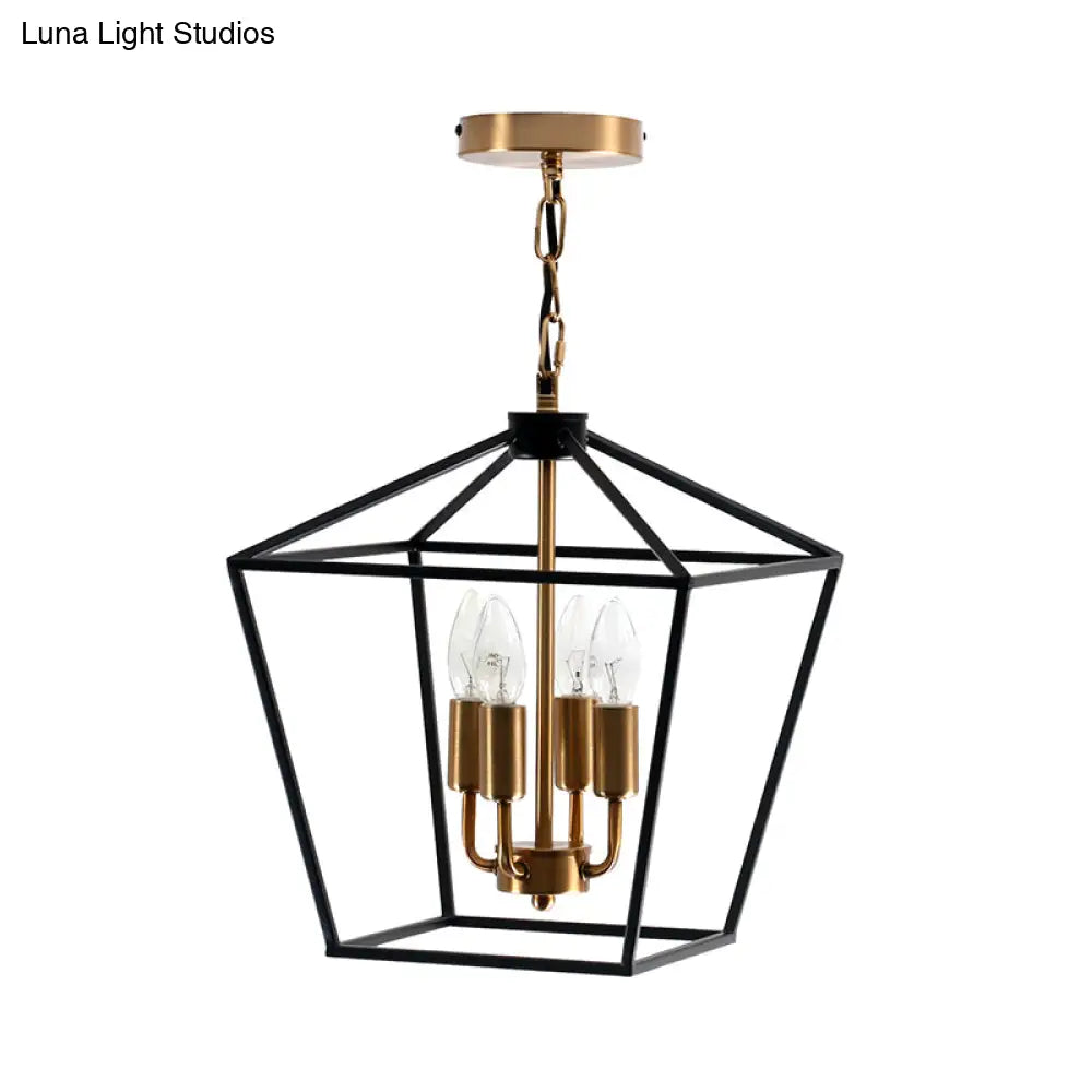 Industrial Black Chandelier With 4 Cage Metal Pendant Lights