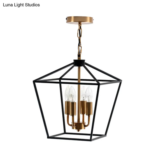 Industrial Black Chandelier With 4 Cage Metal Pendant Lights
