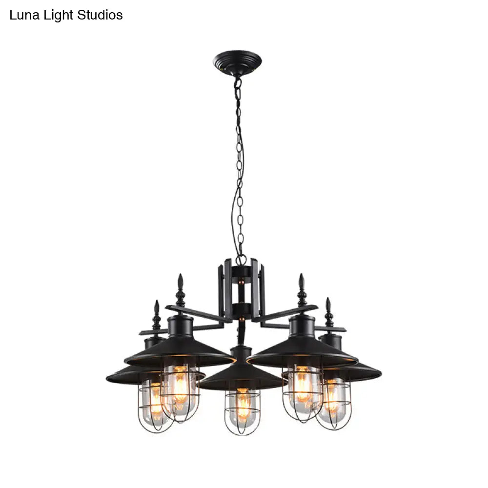 Industrial Black Clear Glass Cone Chandelier - 5-Light Pendant Fixture With Iron Cage For Dining