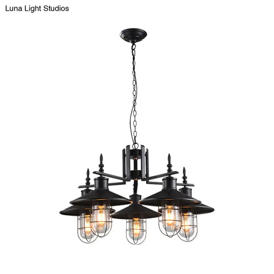 Industrial Black Clear Glass Cone Chandelier - 5-Light Pendant Fixture With Iron Cage For Dining