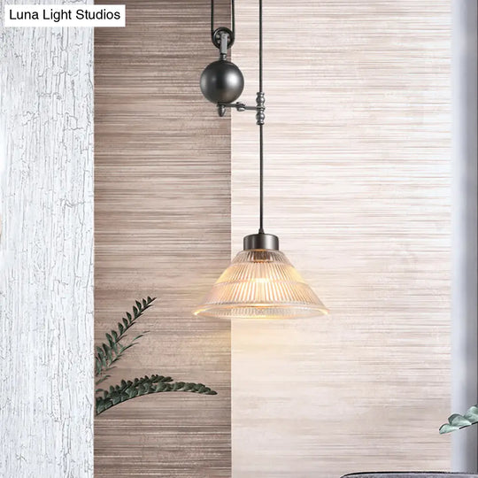 Industrial Black Cone Pendant Lighting With Pulley - Prismatic Glass 1-Light Ceiling Fixture For