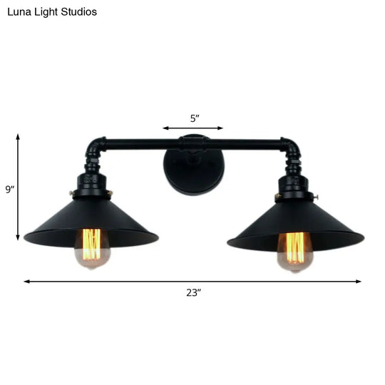 Industrial Black Cone Wall Sconce With 2 Metal Lights For Living Room