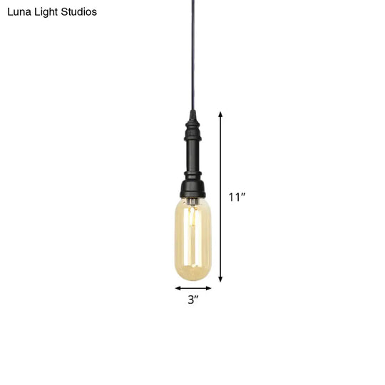 Industrial Black Finish Amber Glass Pendant Lamp With Pipe Suspension - 1-Light Ball/Capsule