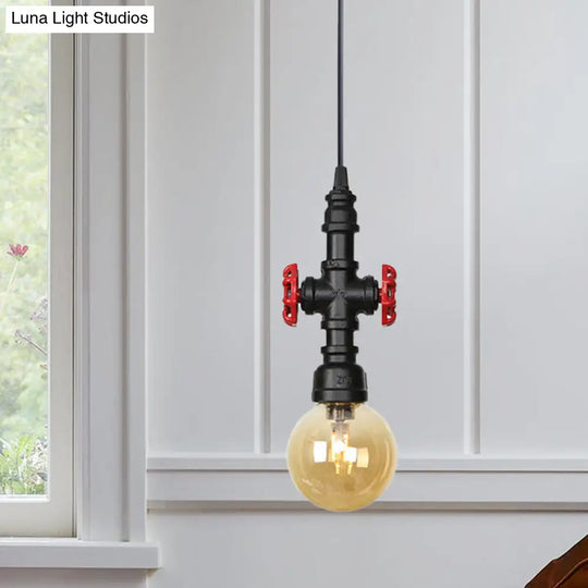 Industrial Black Ball/Capsule Suspension Light With Amber Glass - Ceiling Pendant Pipe Lamp (1