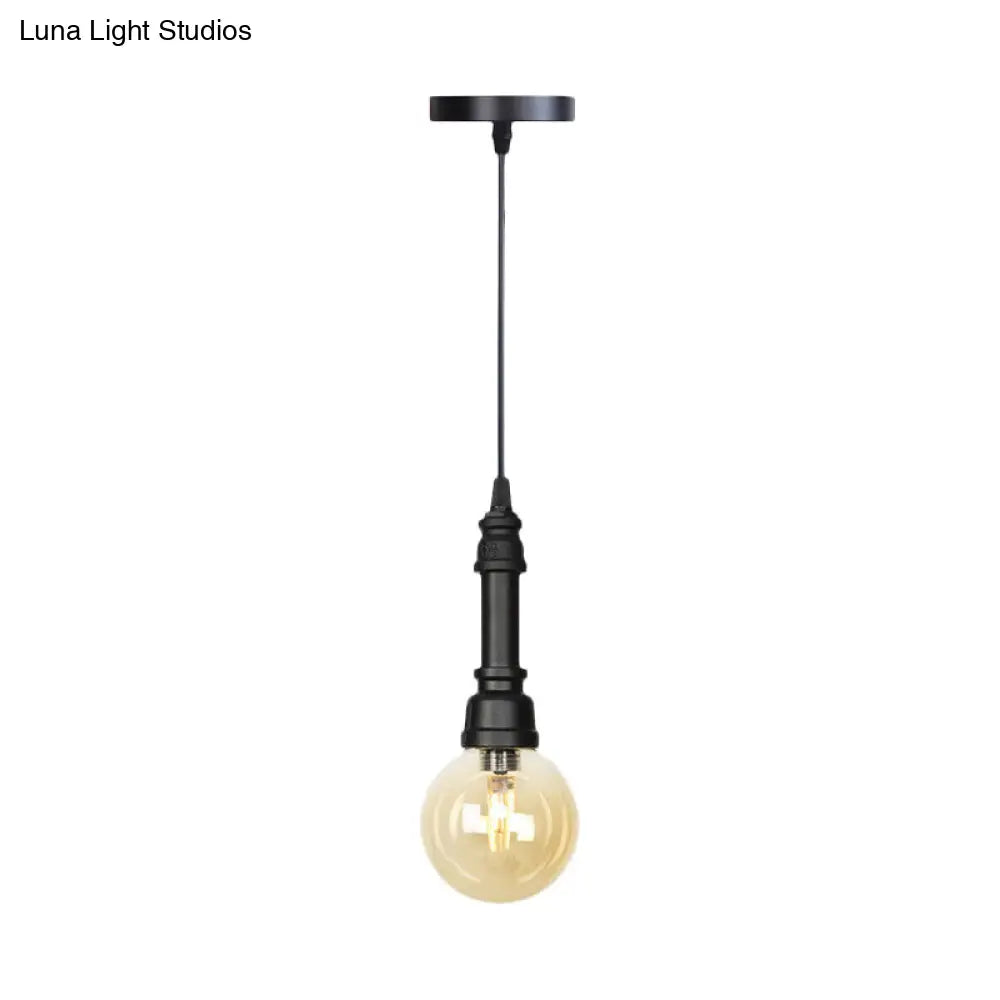Industrial Black Ball/Capsule Suspension Light With Amber Glass - Ceiling Pendant Pipe Lamp (1
