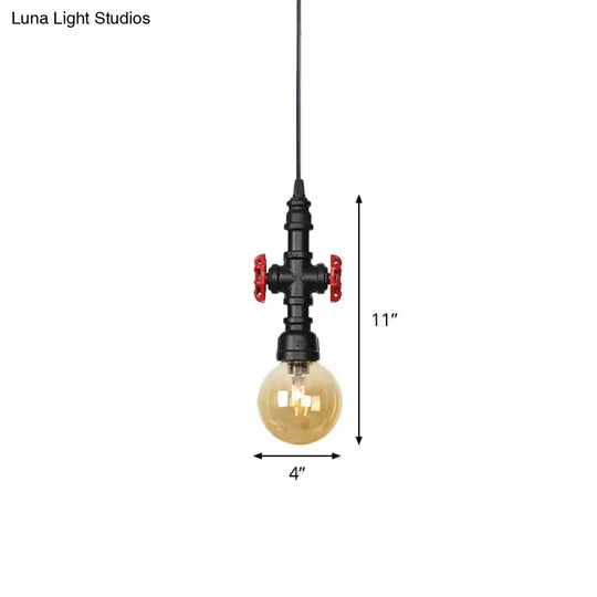 Industrial Black Finish Amber Glass Pendant Lamp With Pipe Suspension - 1-Light Ball/Capsule