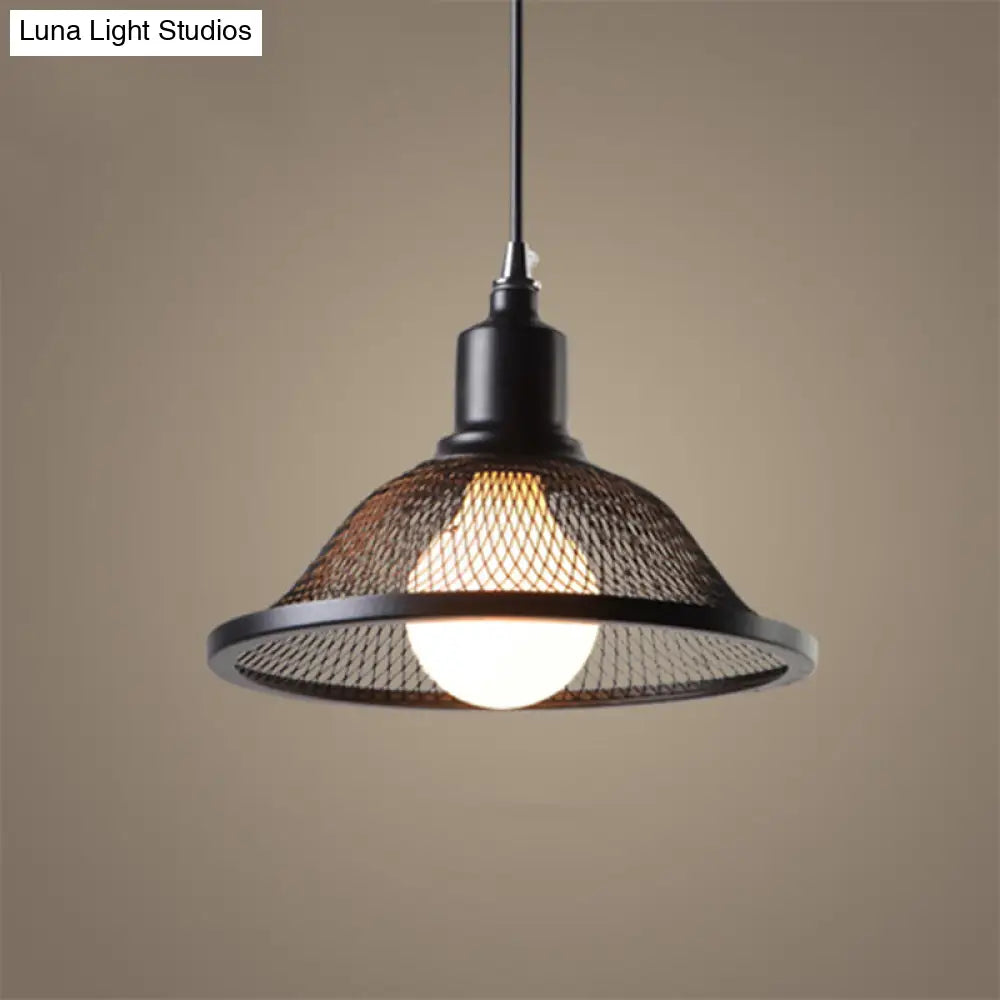 Industrial Black Flared Pendant Light With Mesh Cage - Stylish Hanging Lighting Fixture