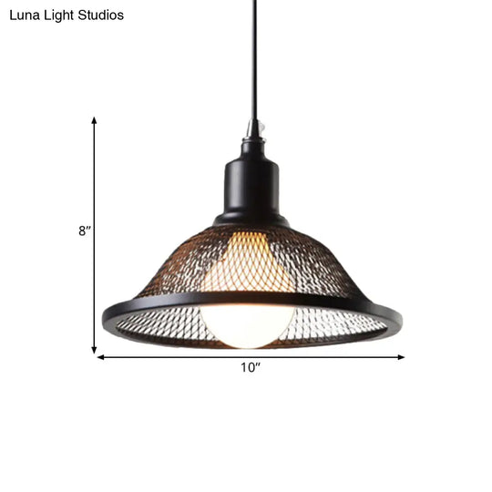 Industrial Black Flared Pendant Light With Mesh Cage - Stylish Hanging Lighting Fixture