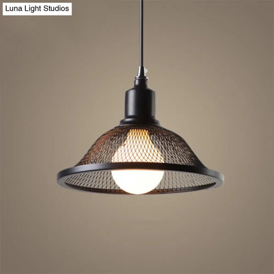 Industrial Black Flared Pendant Light With Mesh Cage - Metallic Hanging Lighting Fixture